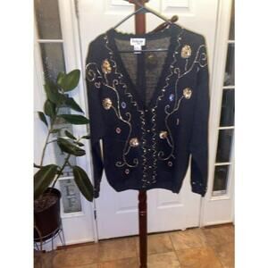 Women's Exclusive Imports Black Beaded Cardigan Sweater Size M